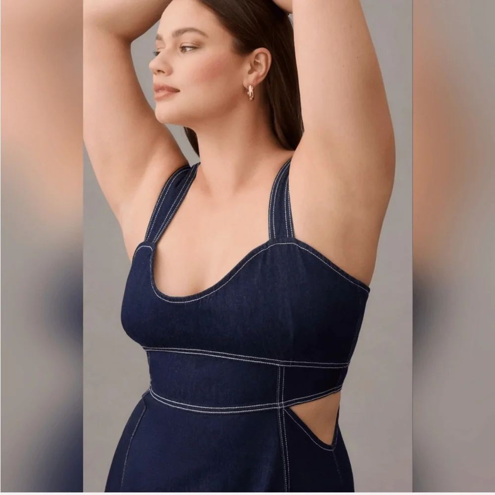 Anthropologie 2X Aureta Studio Corset Denim Cutout Plus Dress NWT - Picture 3 of 13